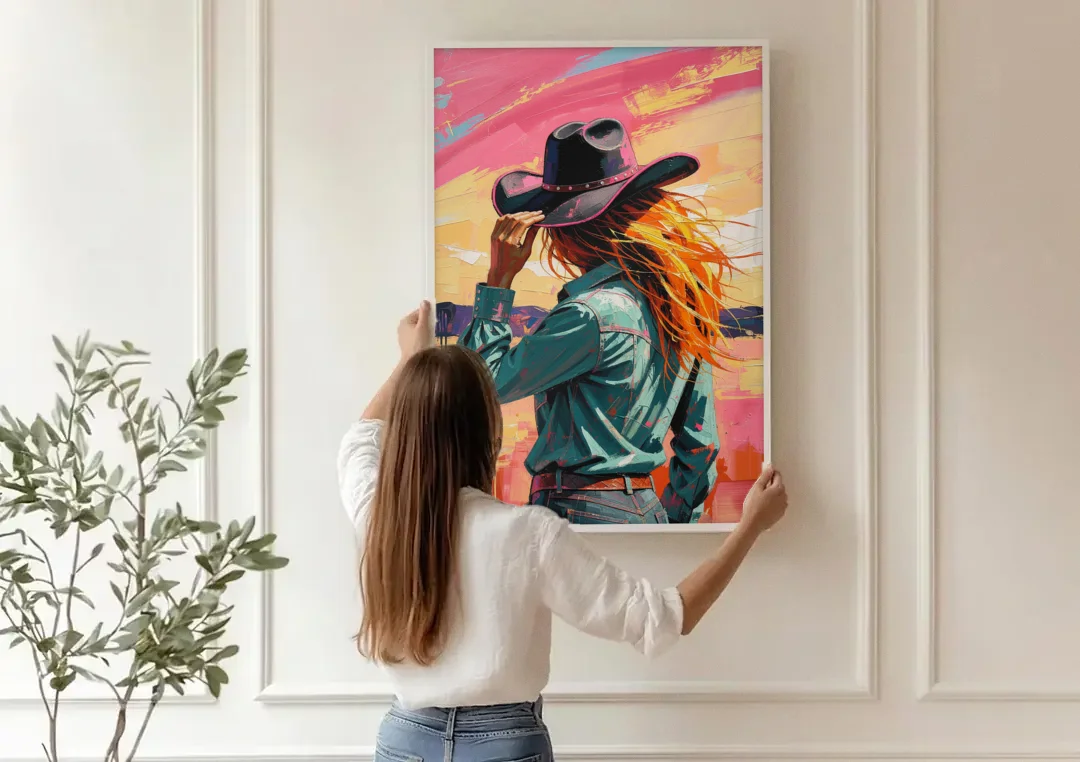 Cowgirl Wall Art in a Hot Desert Wind canvas wall art being hung on a paneled wall