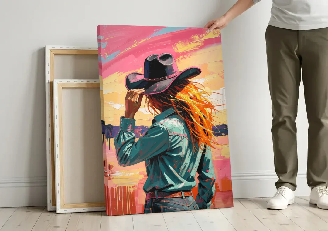 Cowgirl Wall Art in a Hot Desert Wind canvas wall art leaning against a wall next to blank canvases
