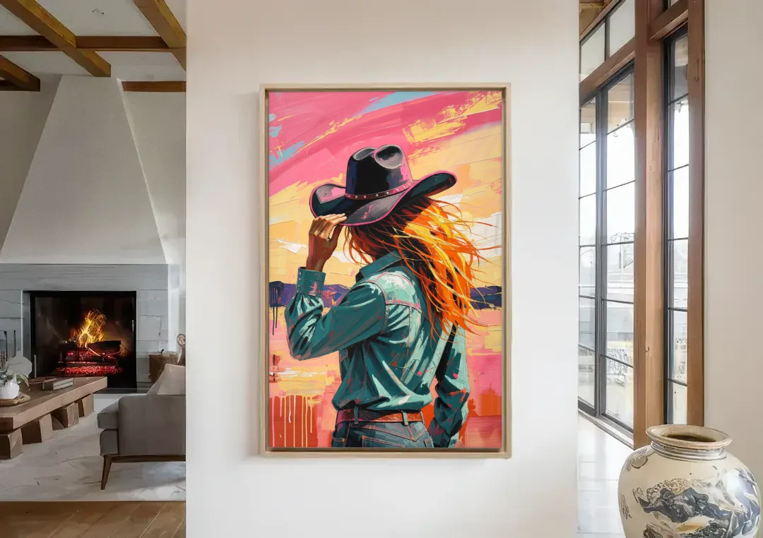 Cowgirl Wall Art in a Hot Desert Wind canvas wall art in a living room with a fireplace