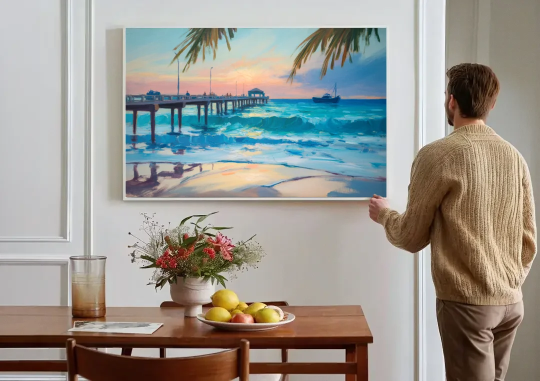 Cozumel Pier Sunrise canvas wall art above a dining table