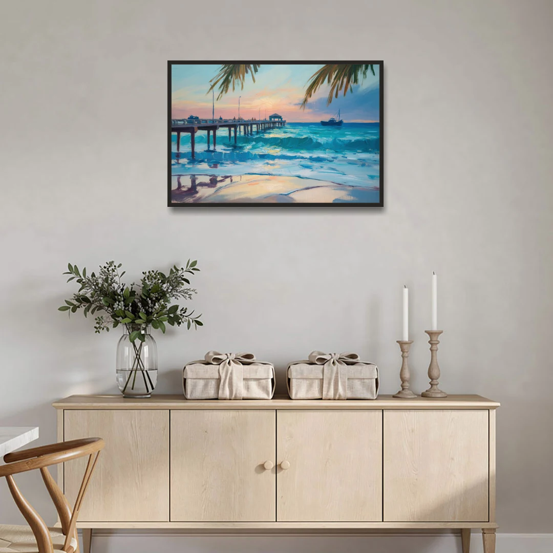 Cozumel Pier Sunrise - Black Framed Canvas Wall Art - Coffee Table - 36x24