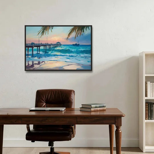 Cozumel Pier Sunrise - Black Framed Canvas Wall Art - Office - 36x24