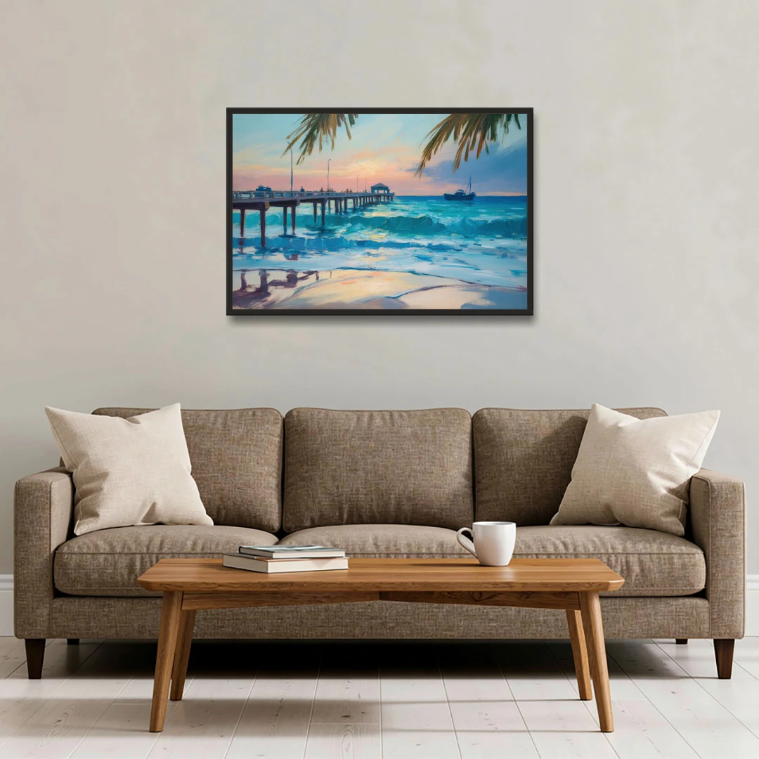 Cozumel Pier Sunrise - Black Framed Canvas Wall Art - Sofa - 36x24