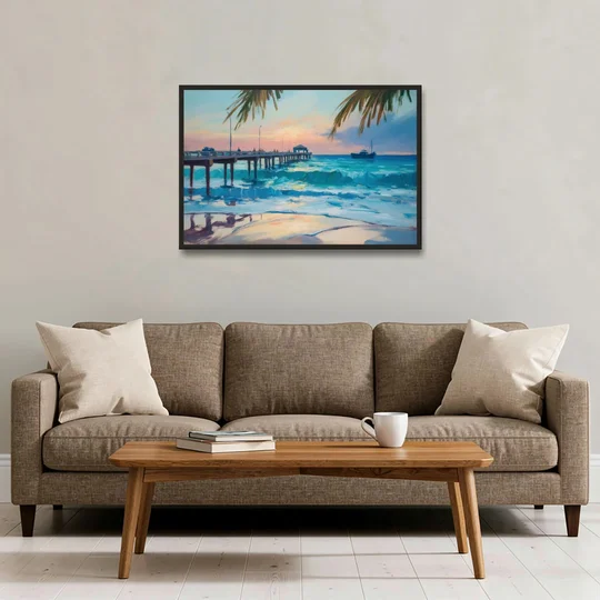 Cozumel Pier Sunrise - Black Framed Canvas Wall Art - Sofa - 36x24