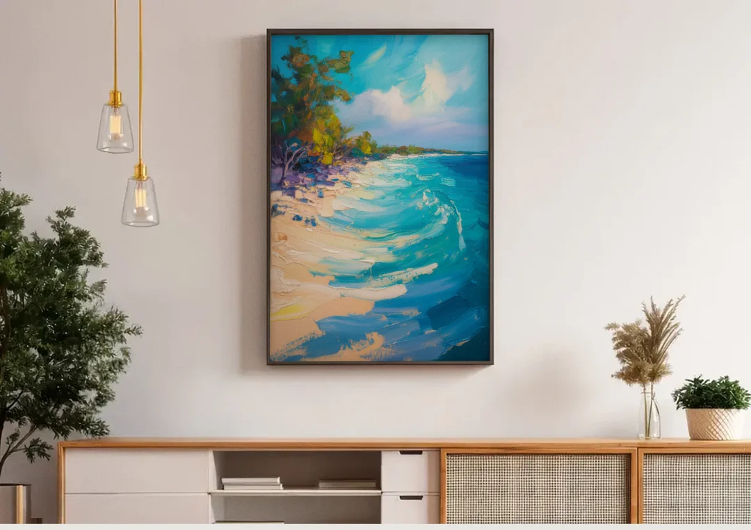 Cozumel Turquoise Coast canvas wall art above a wooden sideboard under pendant lights