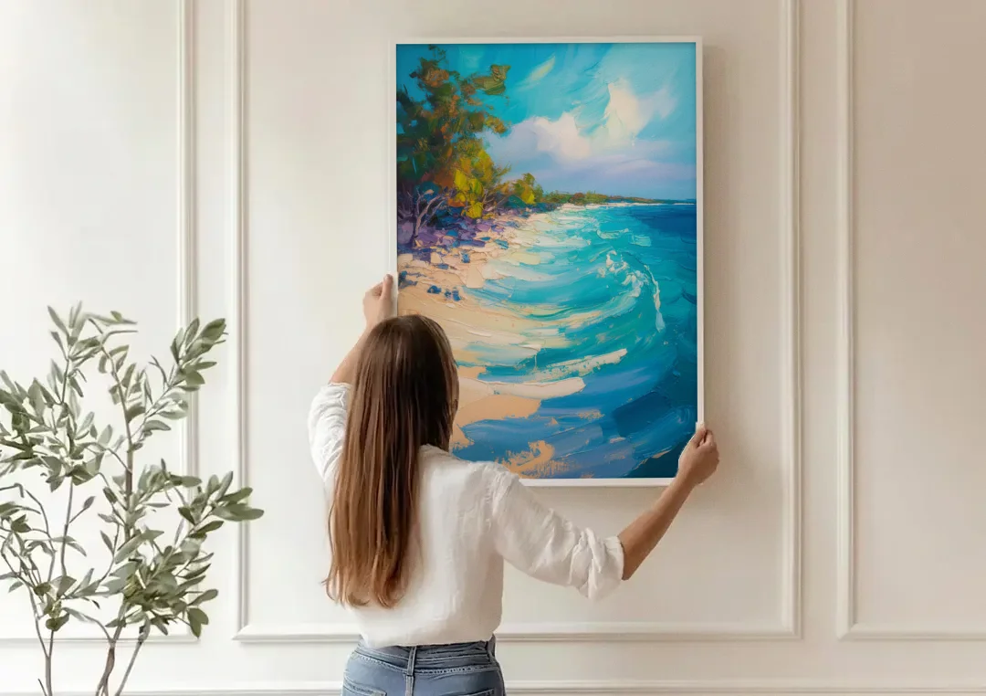 Cozumel Turquoise Coast canvas wall art being hung on a paneled wall