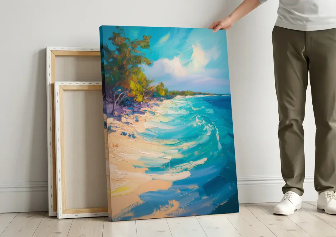 Cozumel Turquoise Coast canvas wall art leaning against a wall next to blank canvases