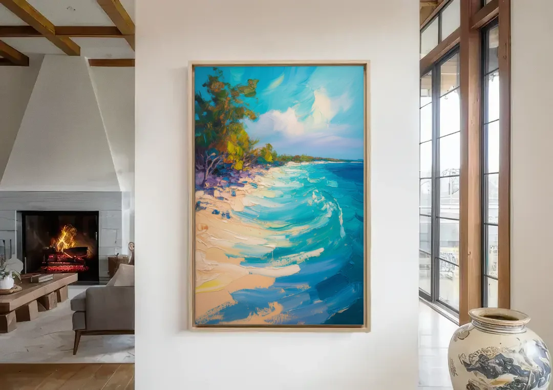Cozumel Turquoise Coast canvas wall art in a living room with a fireplace