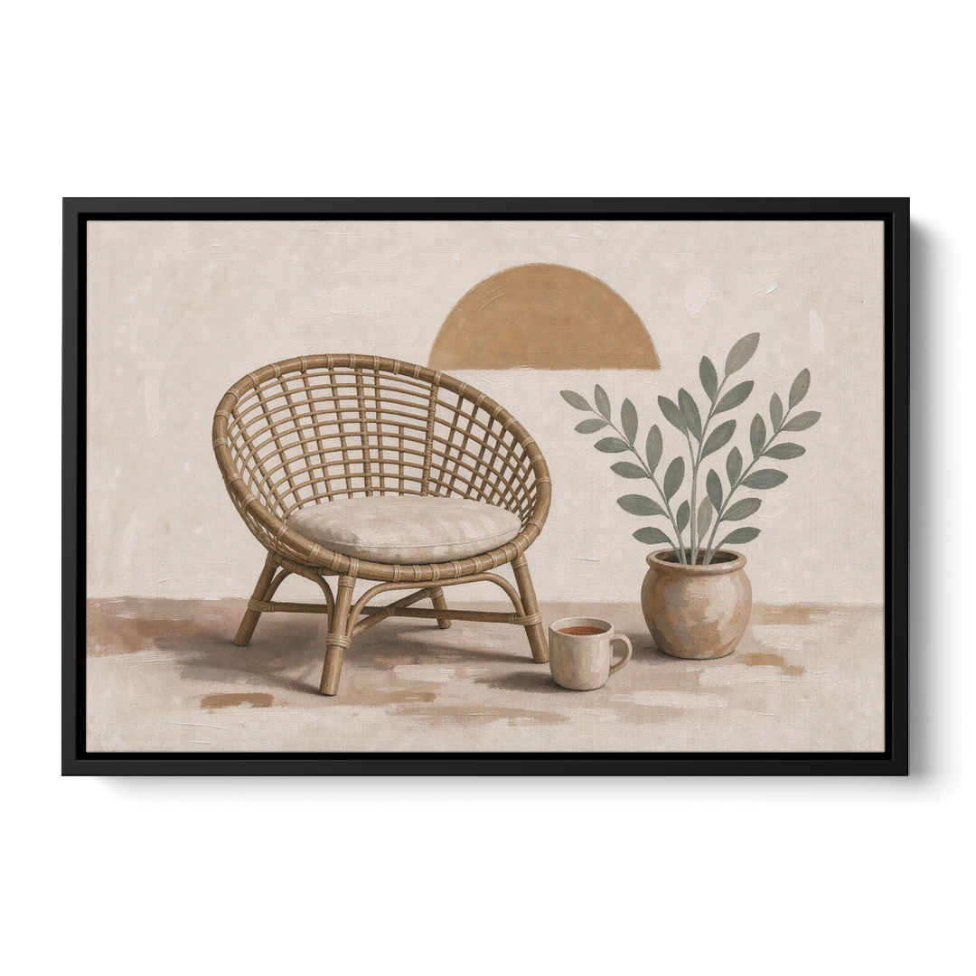 Cozy Wall Art for Living Room with Rattan Chair - Black Framed Canvas Wall Art - Front