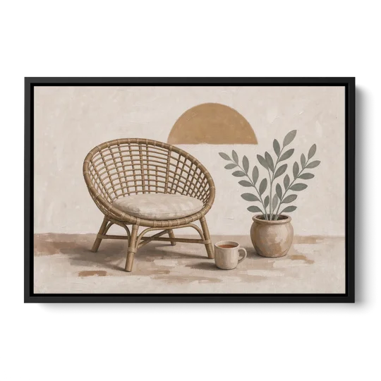 Cozy Wall Art for Living Room with Rattan Chair - Black Framed Canvas Wall Art - Front