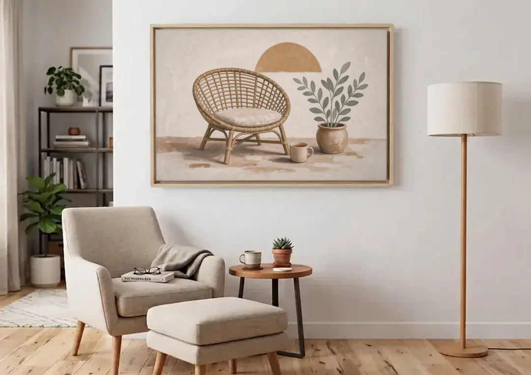 Cozy Wall Art for Living Room with Rattan Chair canvas wall art above an armchair in a bright living room