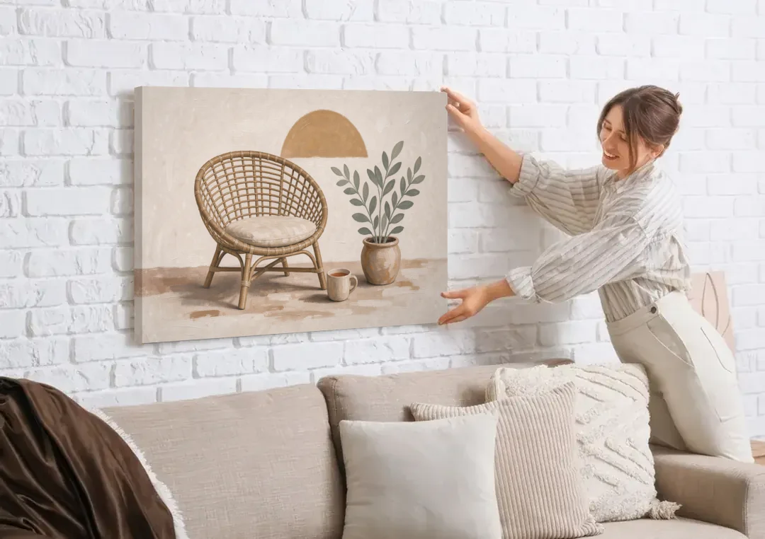 Cozy Wall Art for Living Room with Rattan Chair canvas wall art being hung on a white brick wall above a sofa