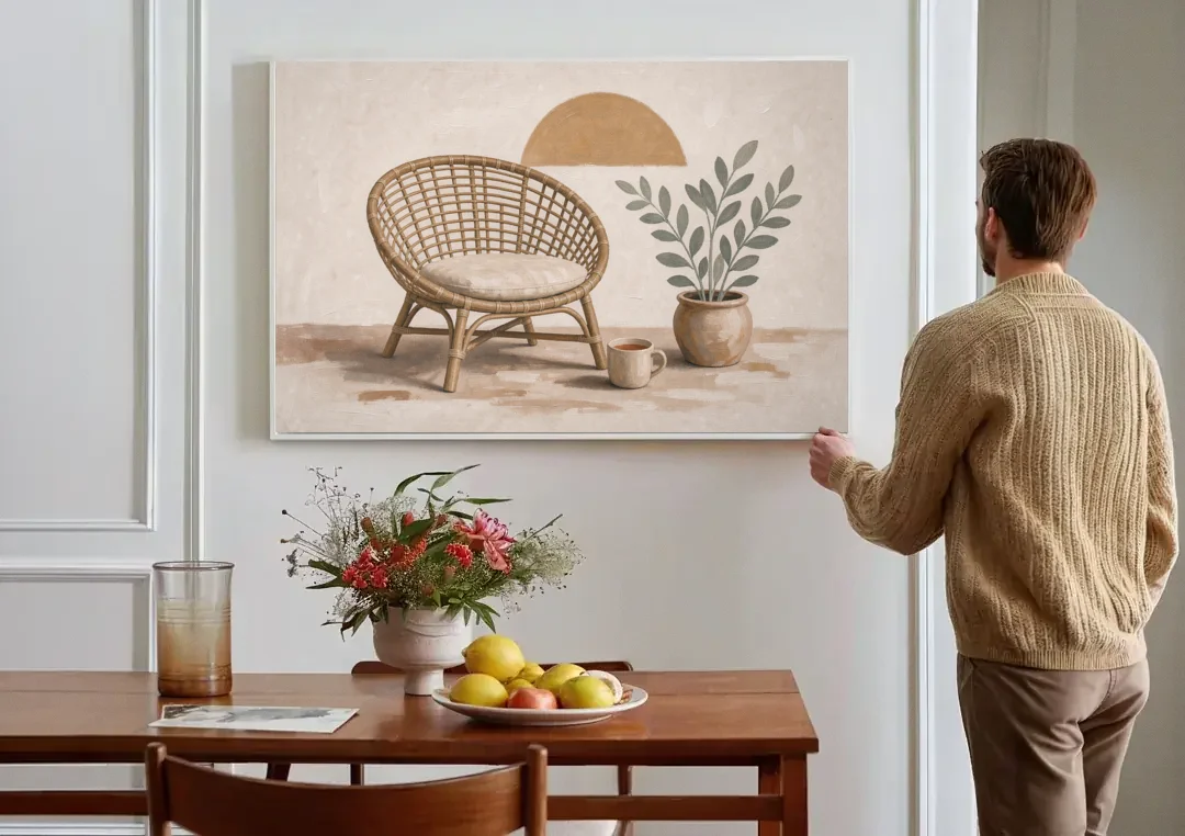 Cozy Wall Art for Living Room with Rattan Chair canvas wall art above a dining table