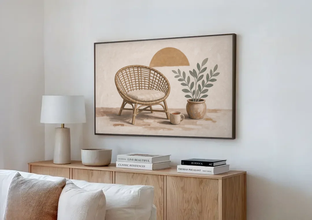 Cozy Wall Art for Living Room with Rattan Chair canvas wall art above a wooden sideboard next to a sofa