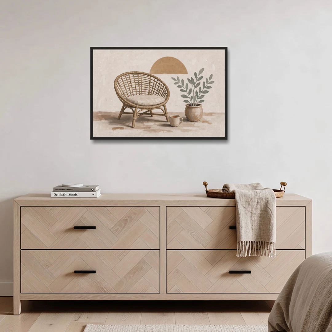 Cozy Wall Art for Living Room with Rattan Chair - Black Framed Canvas Wall Art - Coffee Table - 36x24