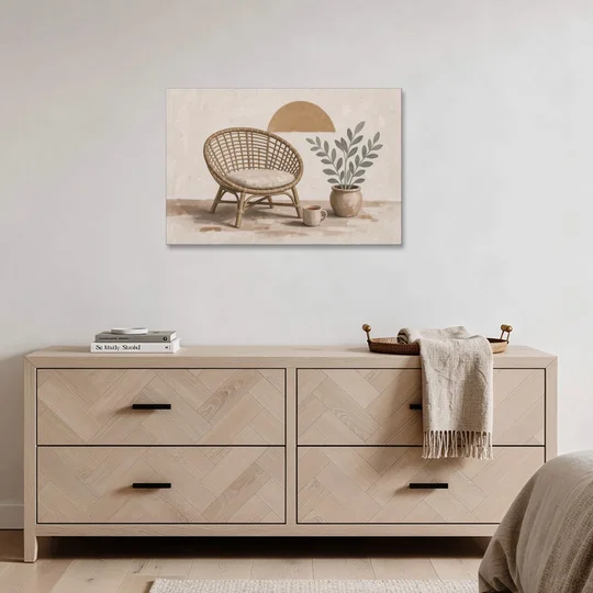 Cozy Wall Art for Living Room with Rattan Chair - Canvas Wall Art - Coffee Table - 36x24