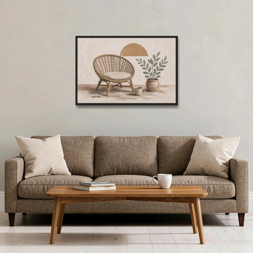 Cozy Wall Art for Living Room with Rattan Chair - Black Framed Canvas Wall Art - Sofa - 36x24