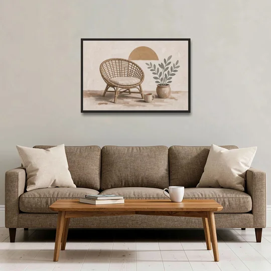 Cozy Wall Art for Living Room with Rattan Chair - Black Framed Canvas Wall Art - Sofa - 36x24