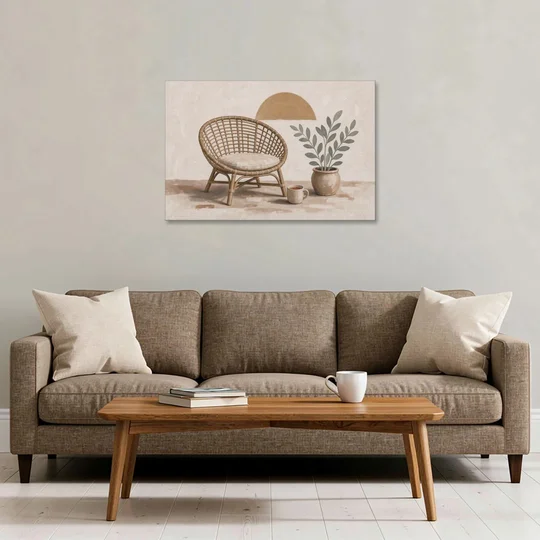 Cozy Wall Art for Living Room with Rattan Chair - Canvas Wall Art - Sofa - 36x24