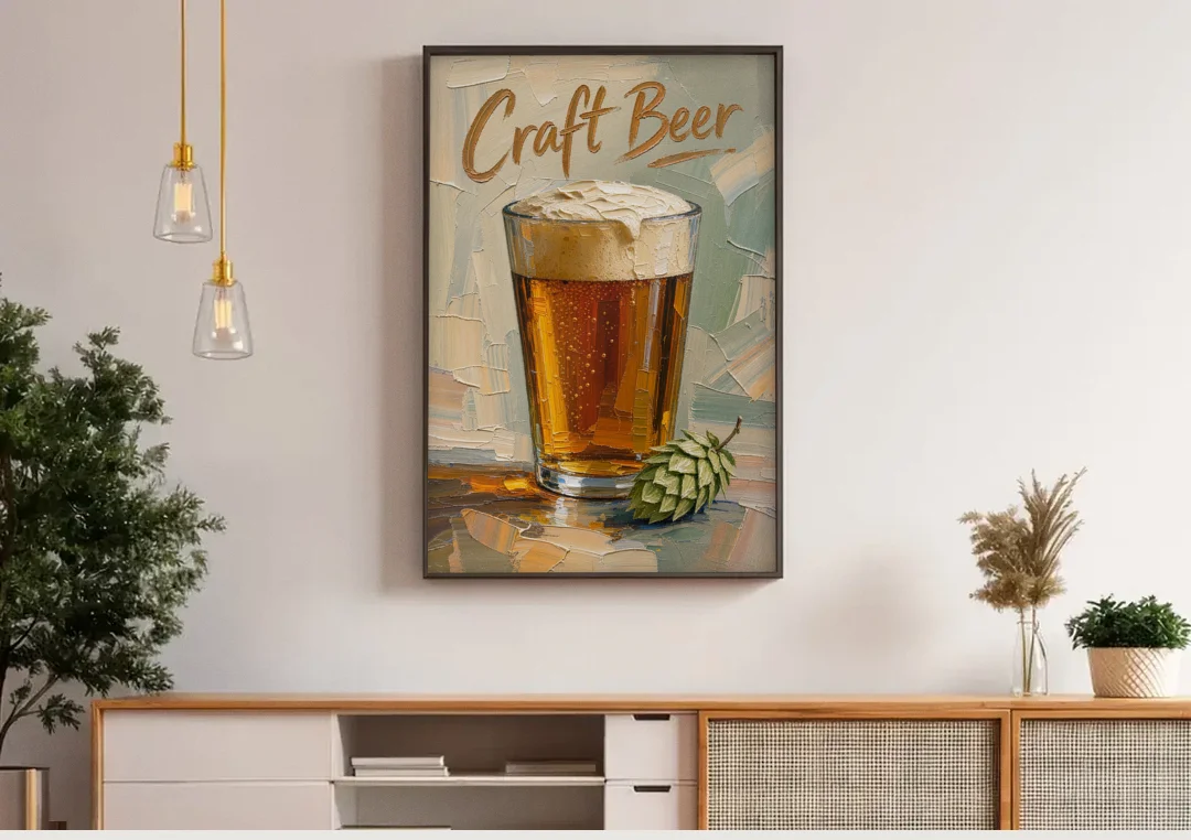 Craft Beer Wall Art with a Foamy Amber Pint canvas wall art above a wooden sideboard under pendant lights