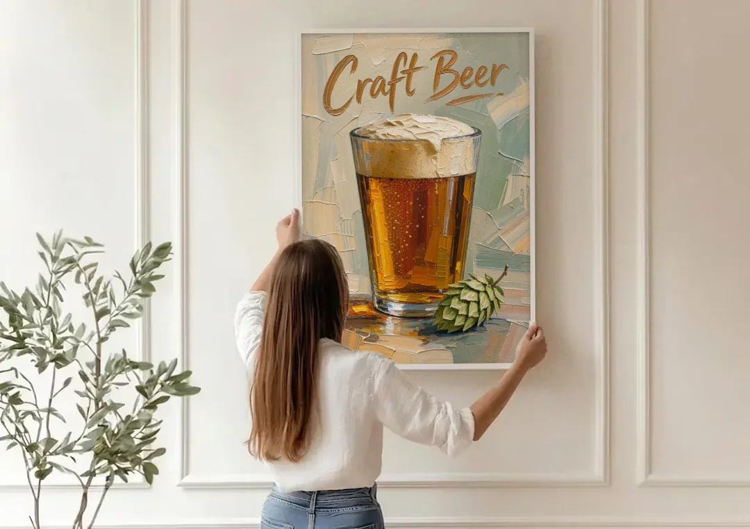 Craft Beer Wall Art with a Foamy Amber Pint canvas wall art being hung on a paneled wall