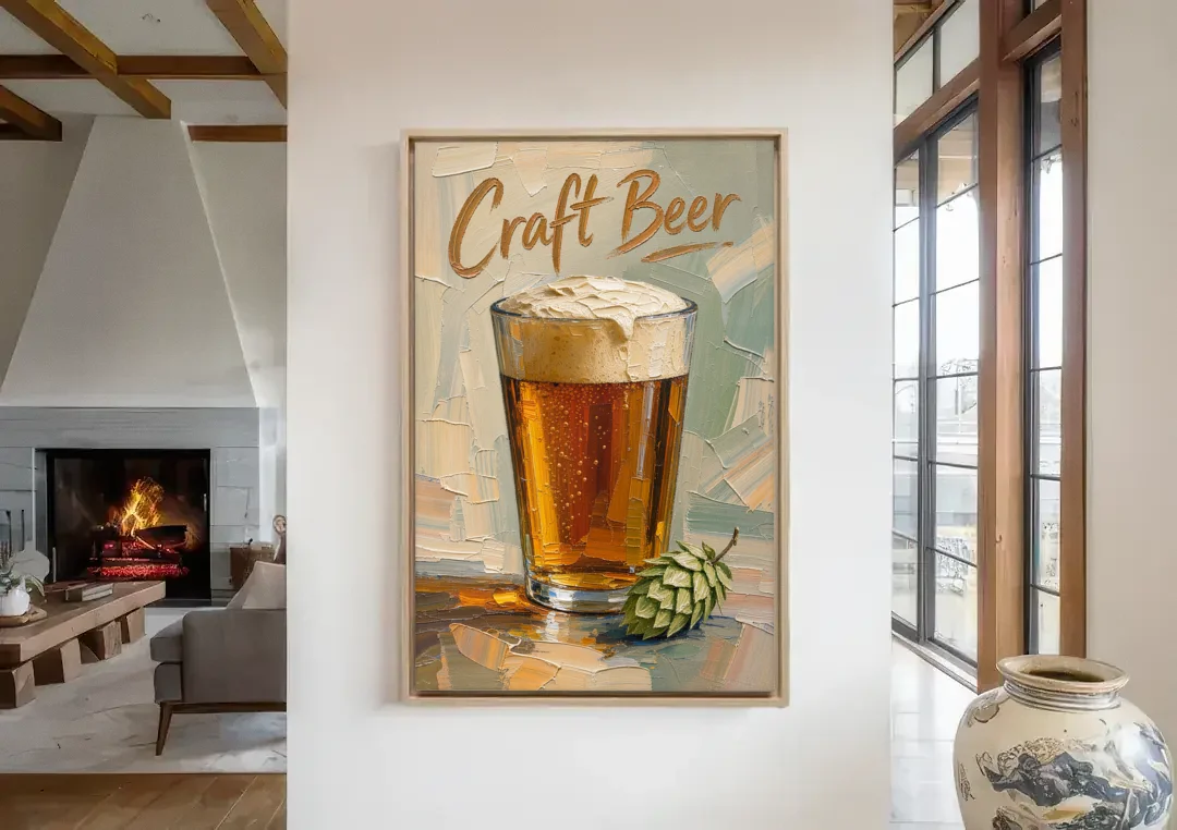 Craft Beer Wall Art with a Foamy Amber Pint canvas wall art in a living room with a fireplace