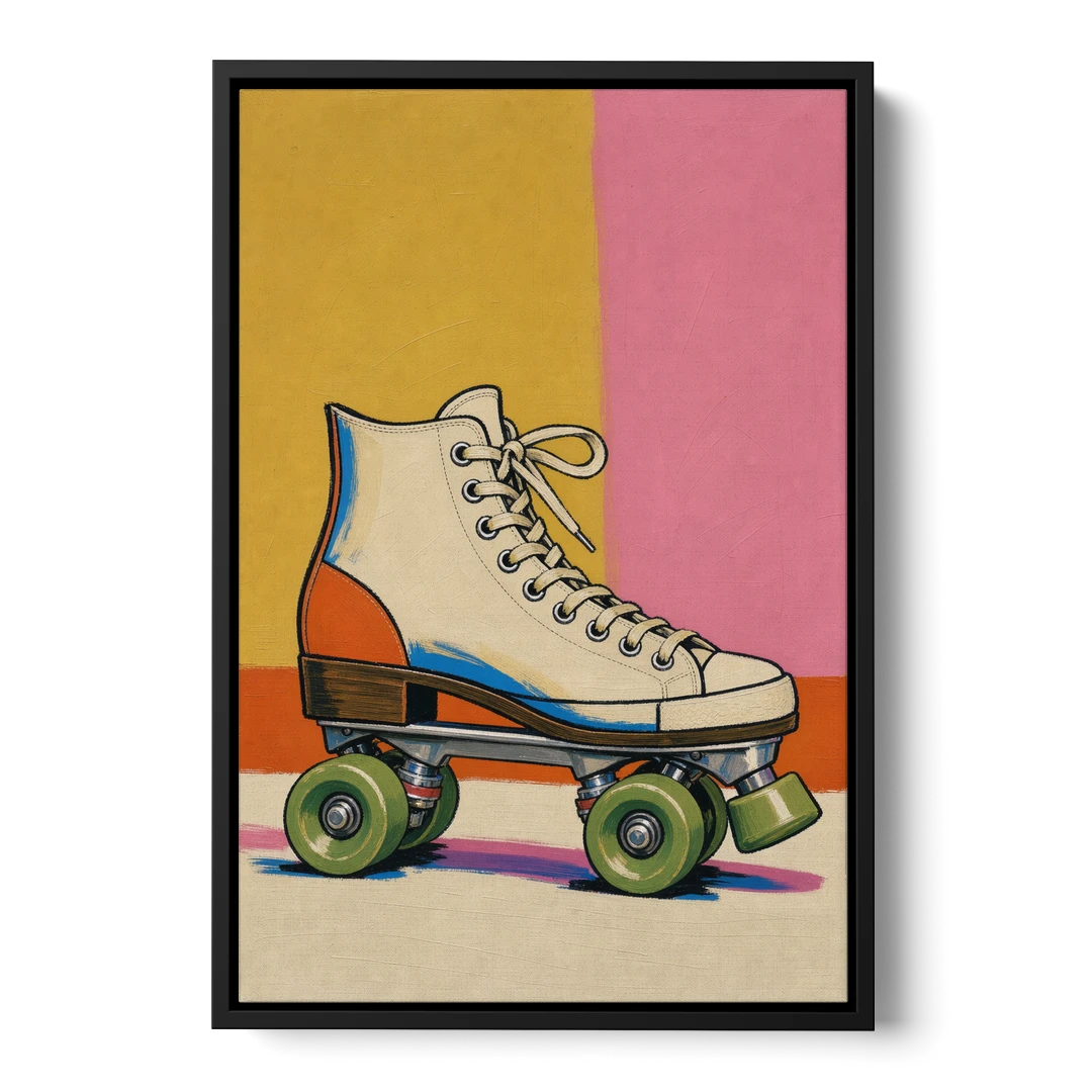 Cream Roller Skate with Green Wheels - Black Framed Canvas Wall Art - Front