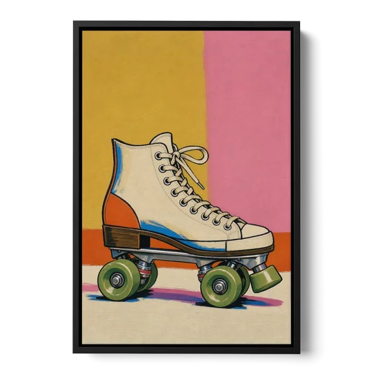 Cream Roller Skate with Green Wheels - Black Framed Canvas Wall Art - Front