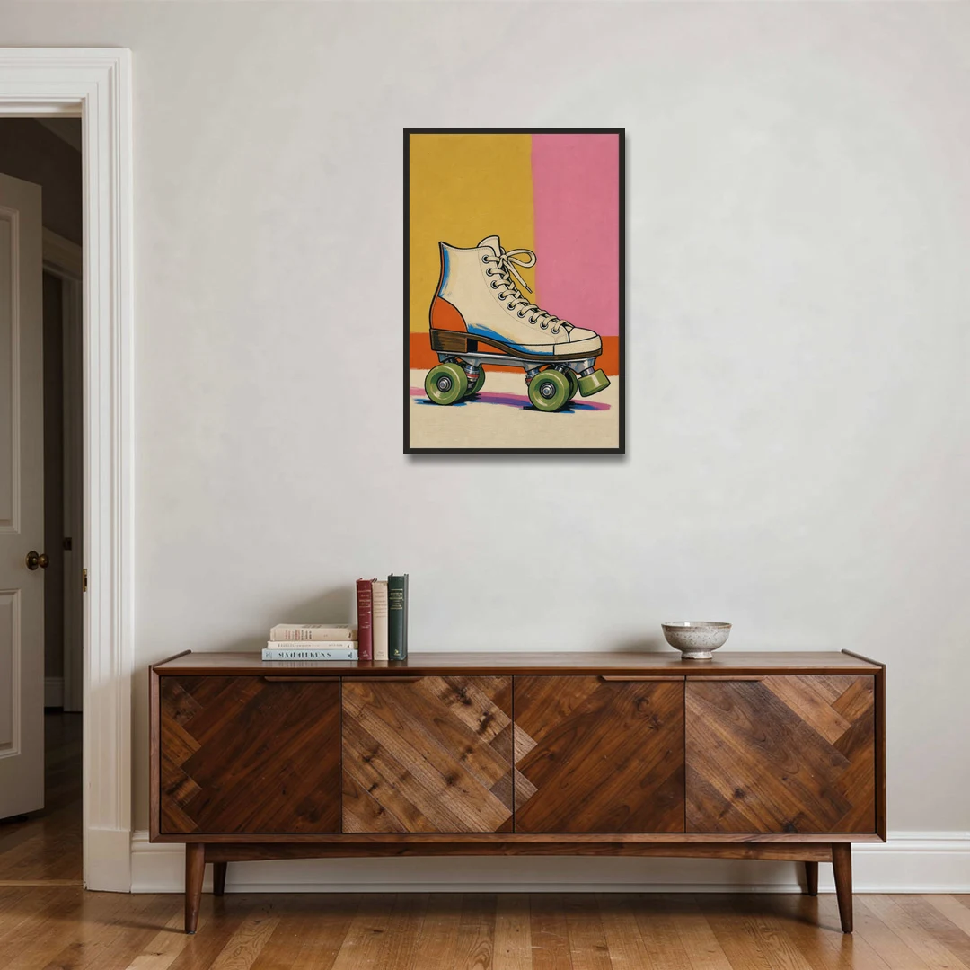 Cream Roller Skate with Green Wheels - Black Framed Canvas Wall Art - Coffee Table - 24x36