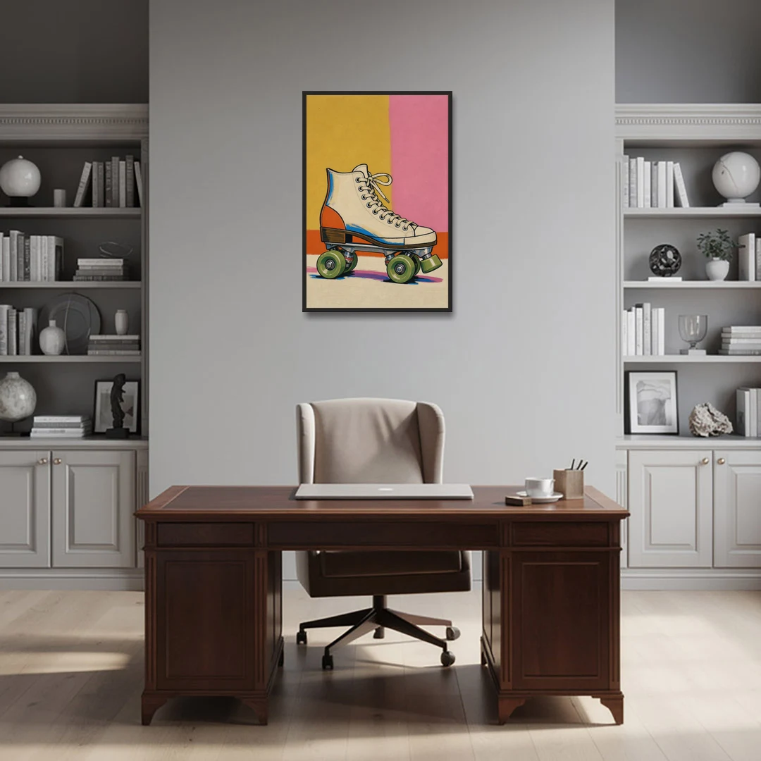 Cream Roller Skate with Green Wheels - Black Framed Canvas Wall Art - Office - 24x36