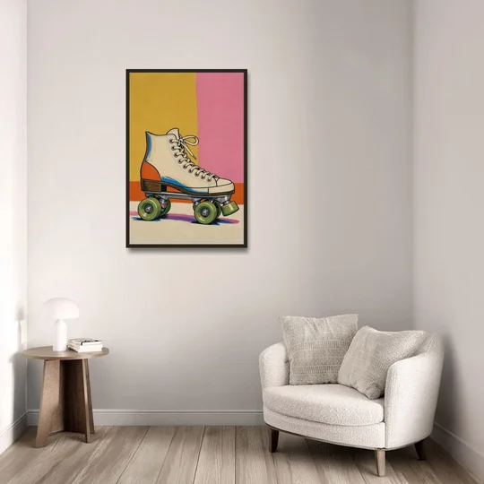 Cream Roller Skate with Green Wheels - Black Framed Canvas Wall Art - Sofa - 24x36