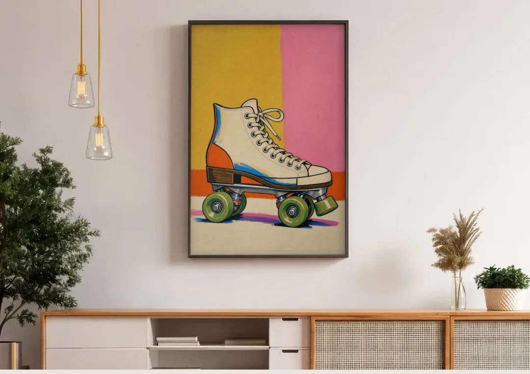 Cream Roller Skate with Green Wheels canvas wall art above a wooden sideboard under pendant lights