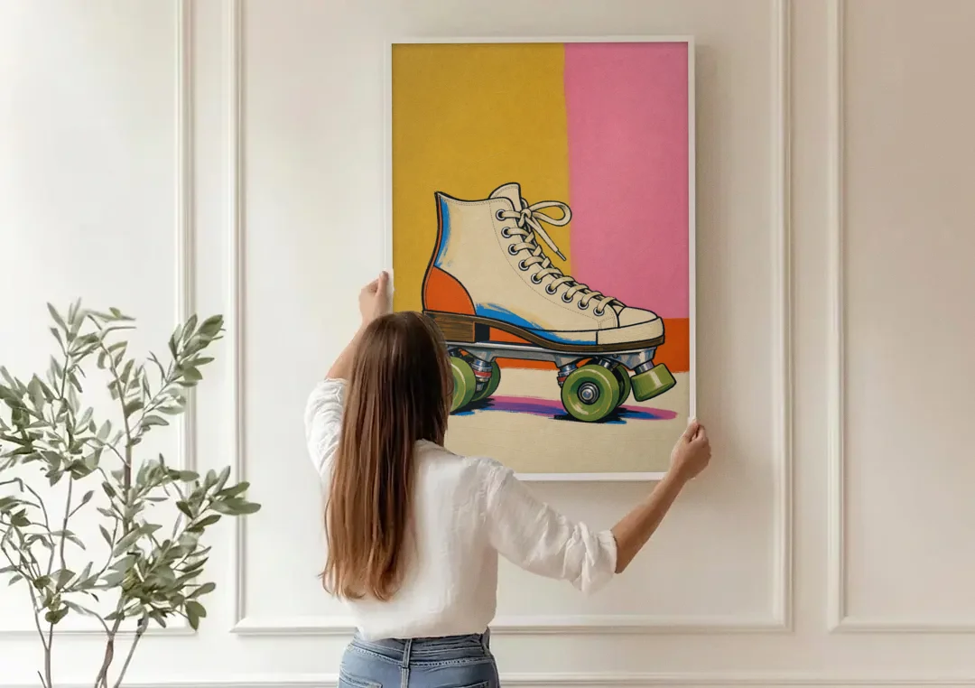 Cream Roller Skate with Green Wheels canvas wall art being hung on a paneled wall