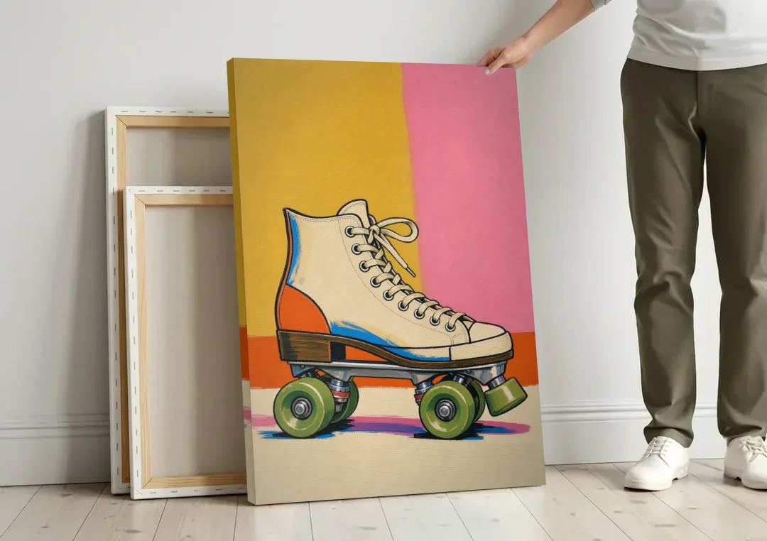 Cream Roller Skate with Green Wheels canvas wall art leaning against a wall next to blank canvases