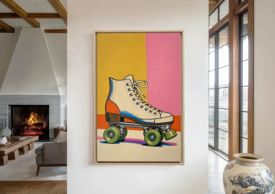 Cream Roller Skate with Green Wheels canvas wall art in a living room with a fireplace
