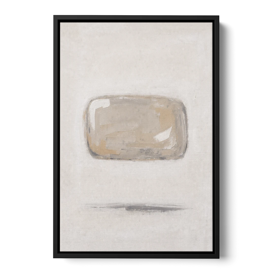 Cream Wall Art with Floating Birch Bark Stone - Black Framed Canvas Wall Art - Front