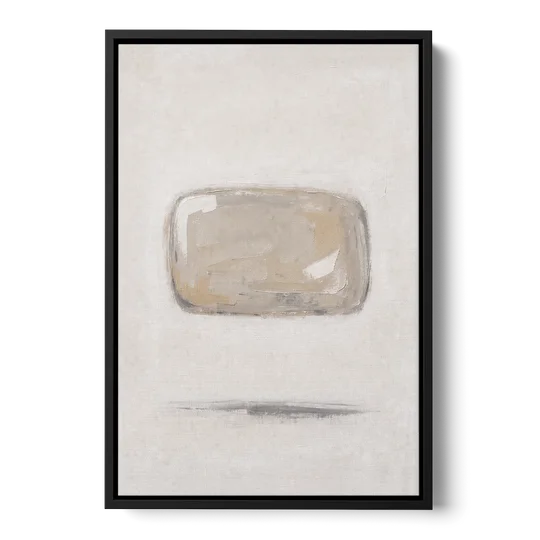 Cream Wall Art with Floating Birch Bark Stone - Black Framed Canvas Wall Art - Front