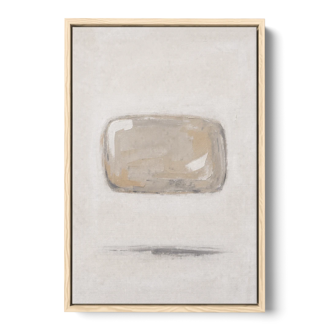 Cream Wall Art with Floating Birch Bark Stone - Oak Framed Canvas Wall Art - Front