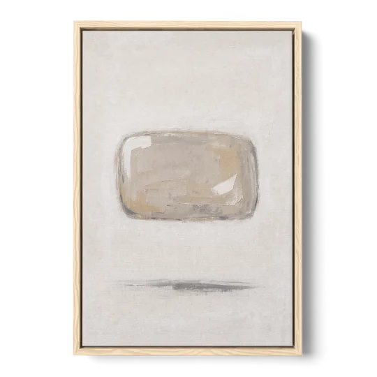Cream Wall Art with Floating Birch Bark Stone - Oak Framed Canvas Wall Art - Front