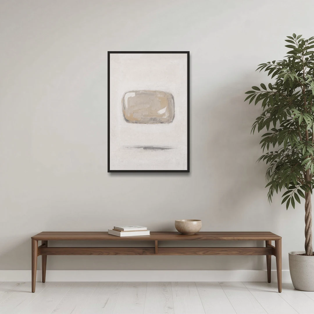 Cream Wall Art with Floating Birch Bark Stone - Black Framed Canvas Wall Art - Coffee Table - 24x36