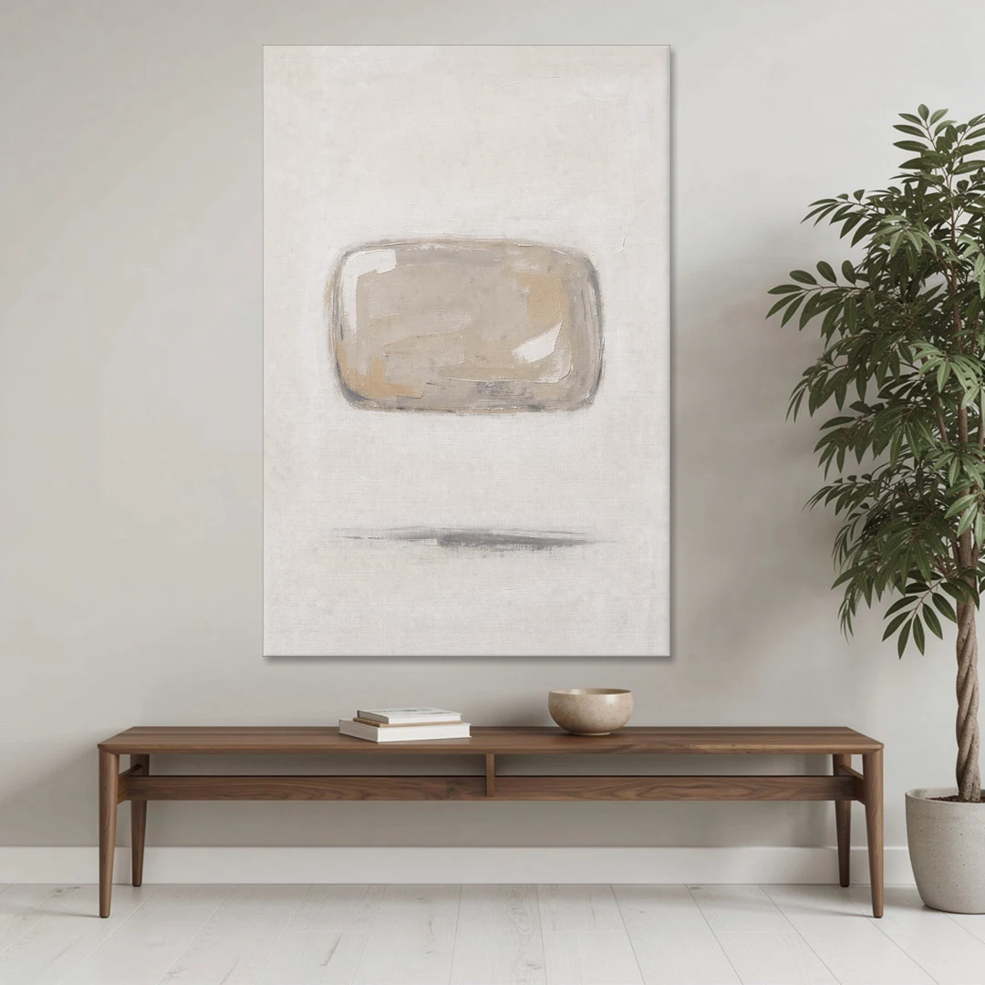 Cream Wall Art with Floating Birch Bark Stone - Canvas Wall Art - Coffee Table - 40x60