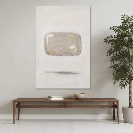 Cream Wall Art with Floating Birch Bark Stone - Canvas Wall Art - Coffee Table - 40x60