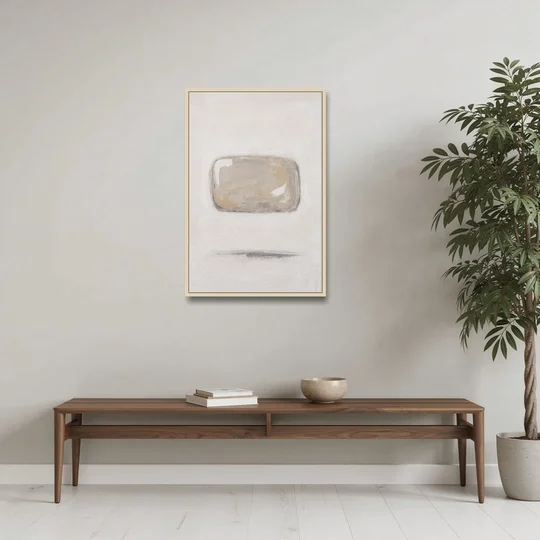 Cream Wall Art with Floating Birch Bark Stone - Oak Framed Canvas Wall Art - Coffee Table - 24x36