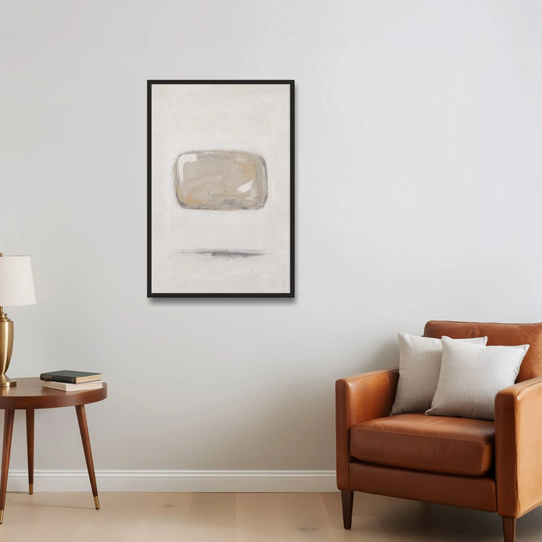 Cream Wall Art with Floating Birch Bark Stone - Black Framed Canvas Wall Art - Sofa - 24x36
