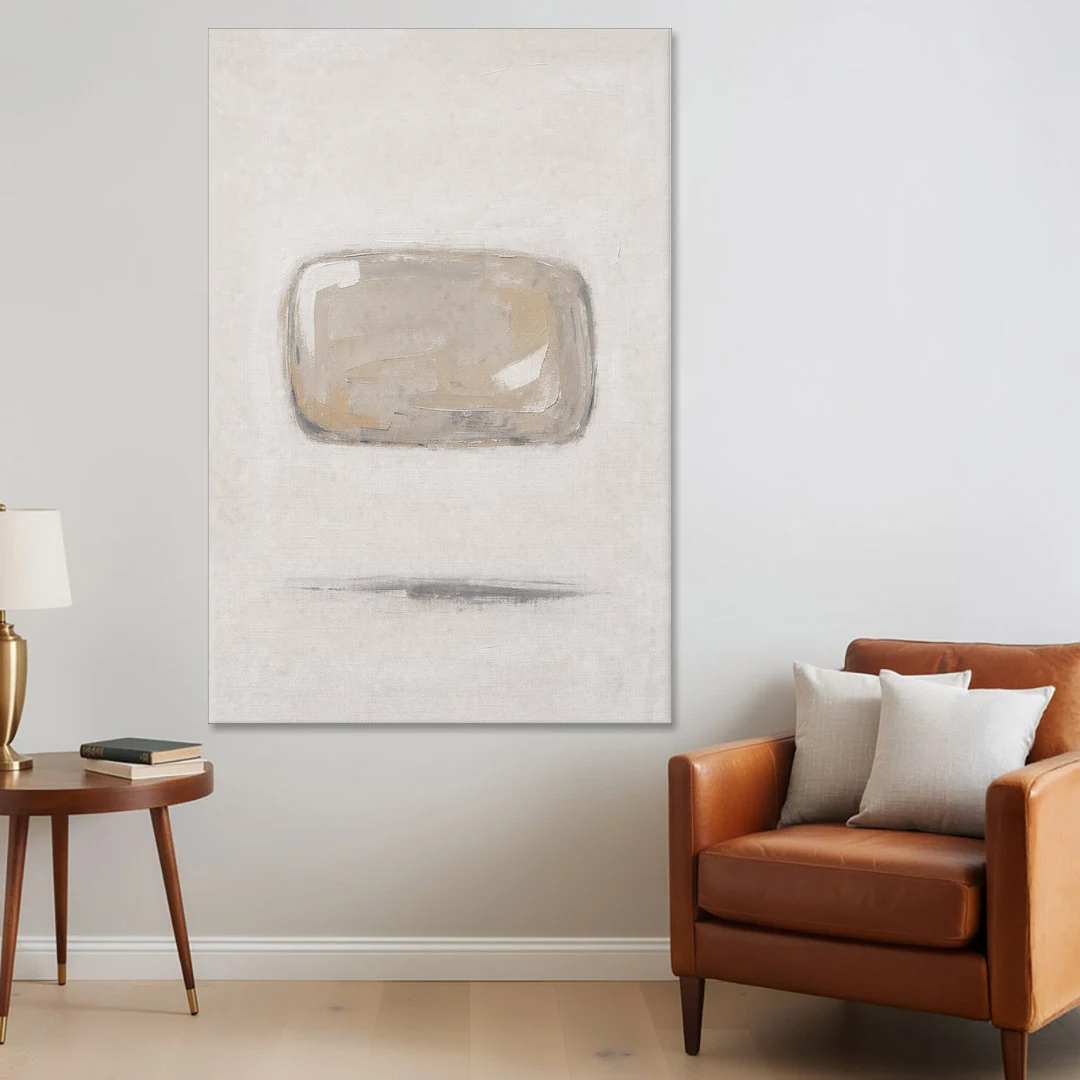 Cream Wall Art with Floating Birch Bark Stone - Canvas Wall Art - Sofa - 40x60