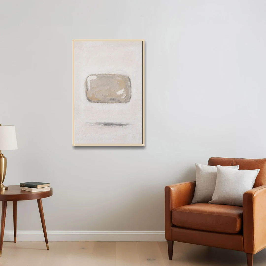 Cream Wall Art with Floating Birch Bark Stone - Oak Framed Canvas Wall Art - Sofa - 24x36