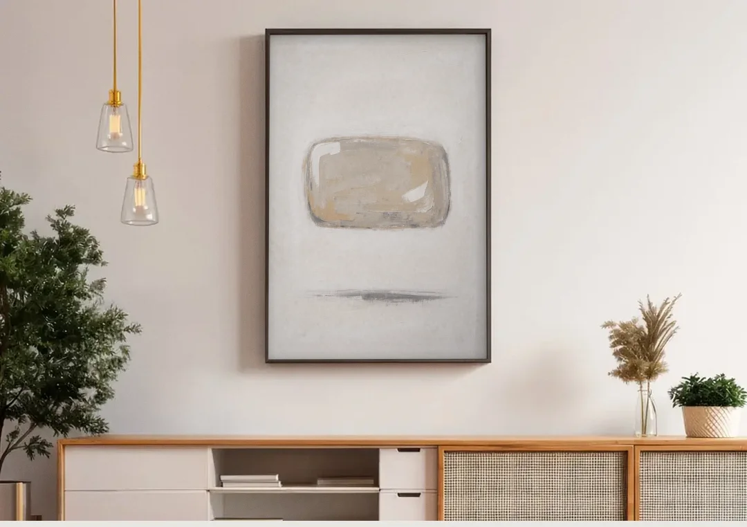 Cream Wall Art with Floating Birch Bark Stone canvas wall art above a wooden sideboard under pendant lights