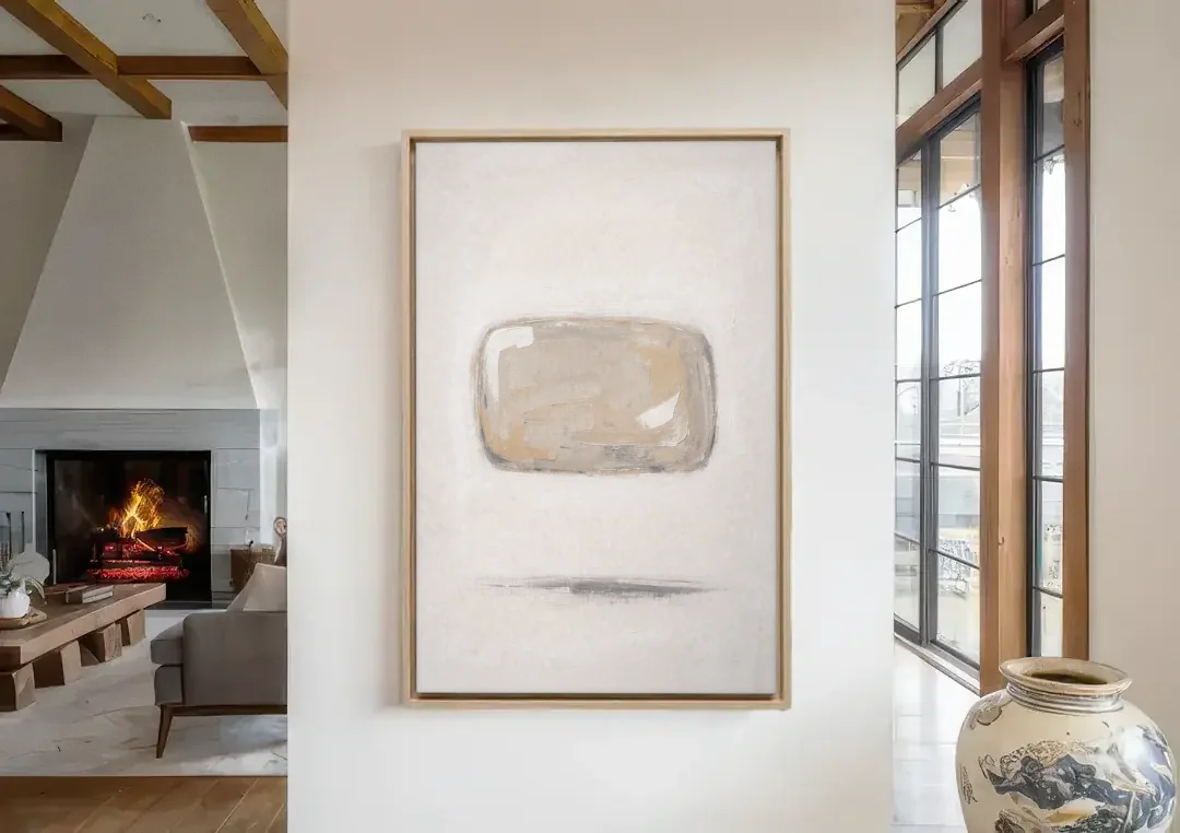 Cream Wall Art with Floating Birch Bark Stone canvas wall art in a living room with a fireplace
