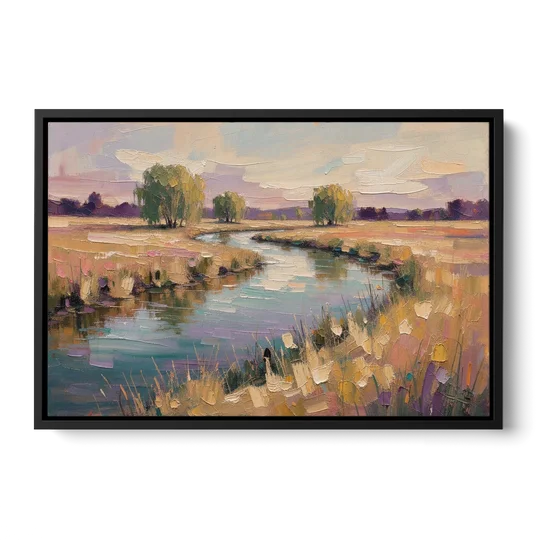 Creek Painting Winding Through a Summer Meadow - Black Framed Canvas Wall Art - Front