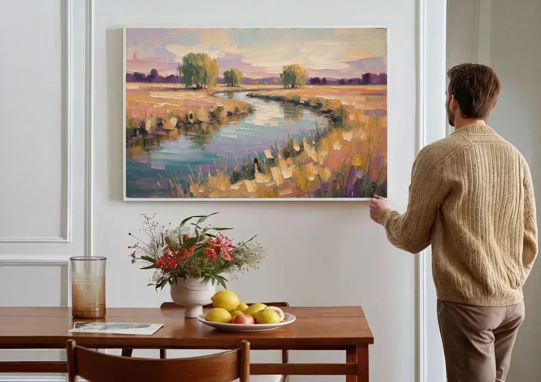 Creek Painting Winding Through a Summer Meadow canvas wall art above a dining table